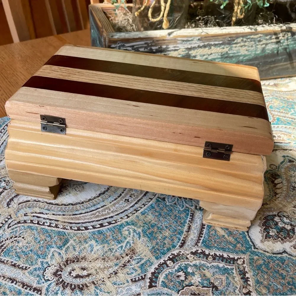 Artisan Signed Striped Hardwood Jewelry Keepsake Box Red Lined Footed